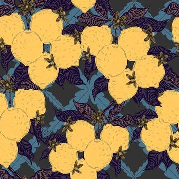 Seamless pattern with lemons and leaves on a branch in a hand-drawn line art  Stock Illustration