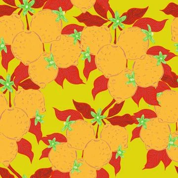 Seamless pattern with lemons and leaves on a branch in a hand-drawn line art  Ilustración de archivo