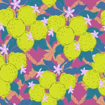 Seamless pattern with lemons and leaves on a branch in a hand-drawn line art  Stock Illustration