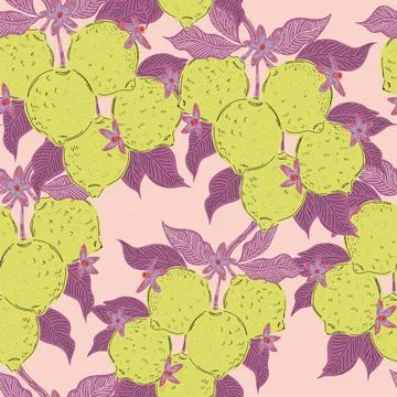 Seamless pattern with lemons and leaves on a branch in a hand-drawn line art  Stock-Illustration