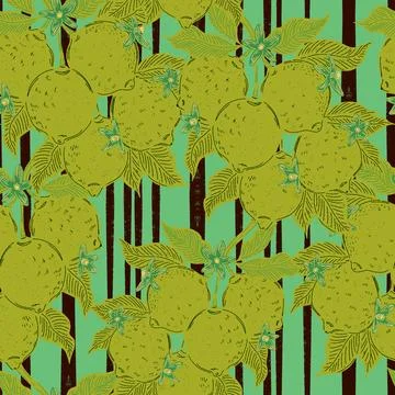 Seamless pattern with lemons and leaves on a branch in a hand-drawn line art  Stock Illustration