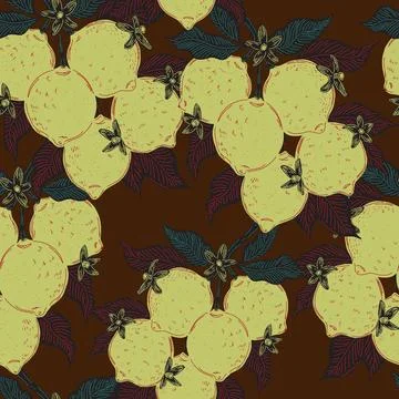 Seamless pattern with lemons and leaves on a branch in a hand-drawn line art  Stock Illustration