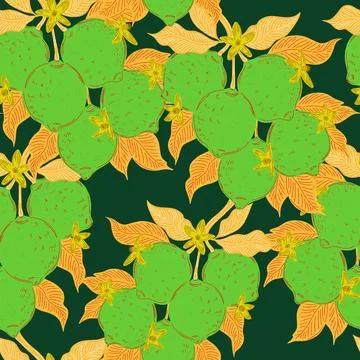 Seamless pattern with lemons and leaves on a branch in a hand-drawn line art  Stock Illustration