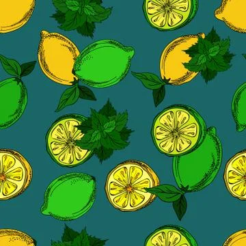 Seamless pattern with lemons and mint. Stock Illustration