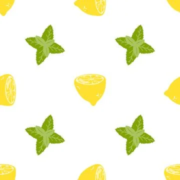 Seamless pattern with lemons and mint. Vector background with hand drawn citrus Stock Illustration