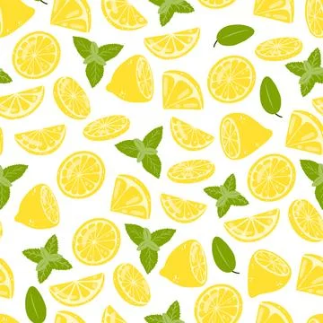 Seamless pattern with lemons and mint. Vector background with hand drawn citrus Stock Illustration