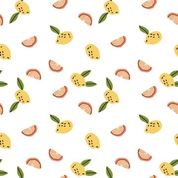 Seamless pattern of lemons and orange slices with green leaves on white Stock Illustration