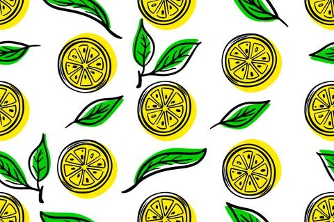 Seamless pattern lemons background. Citrus with green leaves. 스톡 일러스트