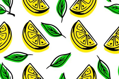 Seamless pattern lemons background. Citrus with green leaves Illustrazione stock
