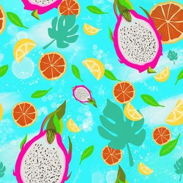 Seamless pattern with lemons, dragon-fruits,  grapefruits and palm leaves Stock Illustration