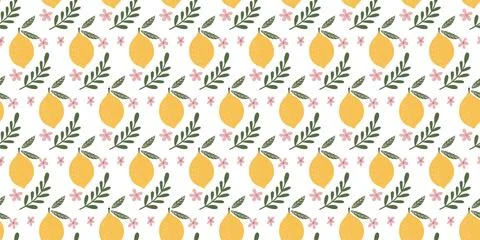 Seamless pattern of lemons with green leaves and pink flowers, perfect for su 스톡 일러스트