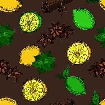 Seamless pattern with lemons, mint and cinnamon. Stock Illustration