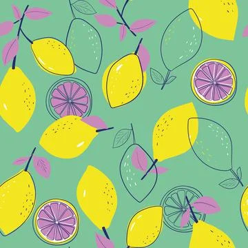 Seamless pattern with lemons on the mint green background. Bright summer desi Stock Illustration