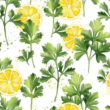 Seamless pattern of lemons, parsley and cilantro. Food illustration, white... Stock Photos