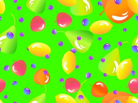 Seamless pattern with lemons, peach, pear and blueberries. Summer exotic fr.. Stock Illustration