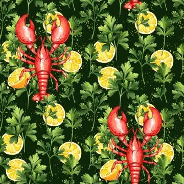 Seamless pattern of lemons, red lobster, parsley and cilantro. Food illust... Stock Photos