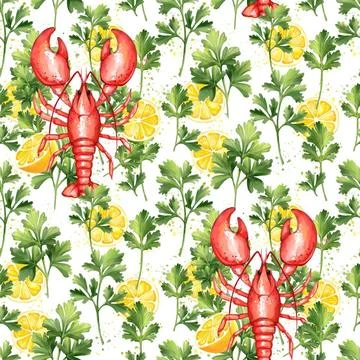 Seamless pattern of lemons, red lobster, parsley and cilantro. Food illust... Stock Photos