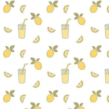 Seamless pattern with lemons, slices and lemonade glass on white background.. Stock Illustration