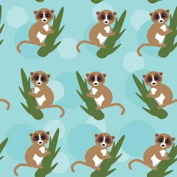 Seamless pattern lemur on green branch on blue background. vector Stock Illustration