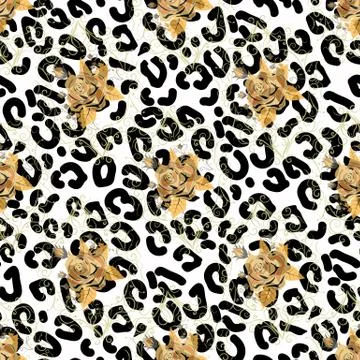 Seamless pattern with leopard print and roses. Vector background with animal Stock Illustration