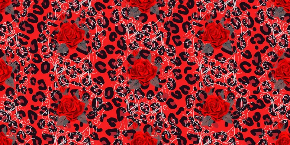 Seamless pattern with leopard print and red roses. Vector background with ani Stock Illustration