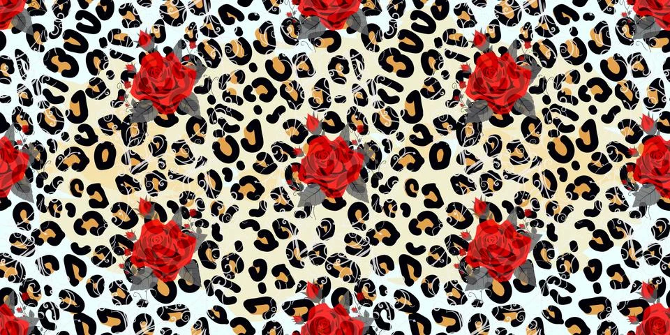 Seamless pattern with leopard print and red roses. Vector background with ani Stock Illustration