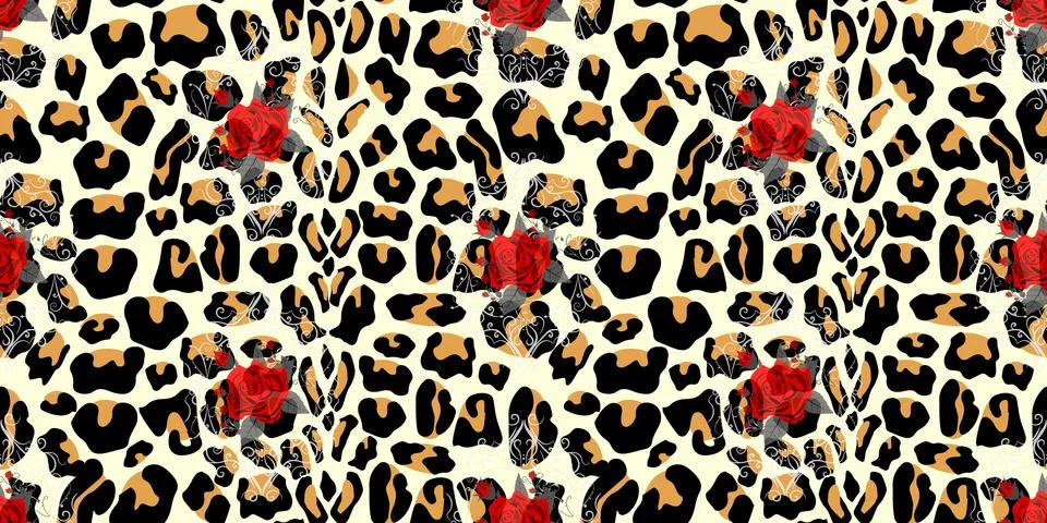 Seamless pattern with leopard print and roses. Vector background with animal Stock Illustration