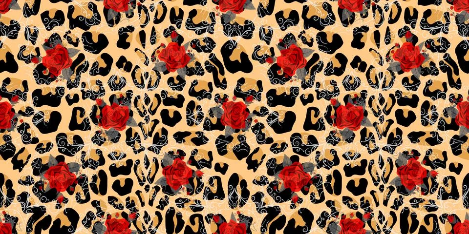 Seamless pattern with leopard print and roses. Vector background with animal Illustrazione stock