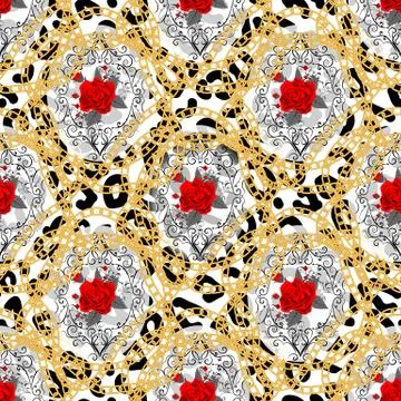 Seamless pattern with leopard print and roses. Vector background with animal Illustrazione stock