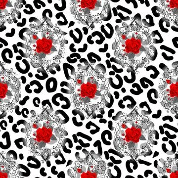 Seamless pattern with leopard print and roses. Vector background with animal Stock Illustration