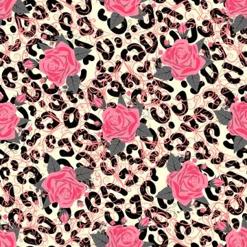 Seamless pattern with leopard print and roses. Vector background with animal Stock Illustration