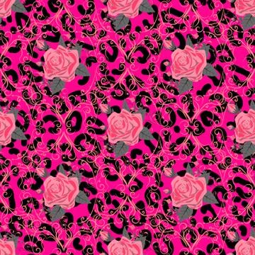 Seamless pattern with leopard print and roses. Vector background with animal Stock Illustration