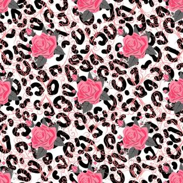 Seamless pattern with leopard print and roses. Vector background with animal Stock Illustration