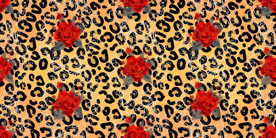Seamless pattern with leopard print and red roses. Vector background with ani Illustrazione stock