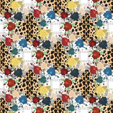 Seamless pattern with leopard Skin and flowers Illustrazione stock