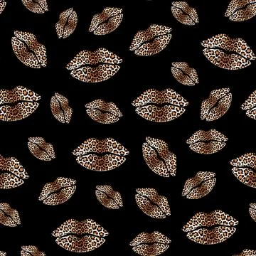 Seamless pattern with leopard skin texture lips. Wild animal print design 스톡 일러스트