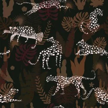 Seamless pattern Leopard with tropical leaves floral Stock Illustration