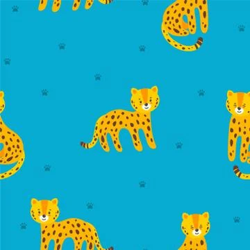 Seamless pattern with leopards and paw prints. Vector illustration in flat style Stock Illustration