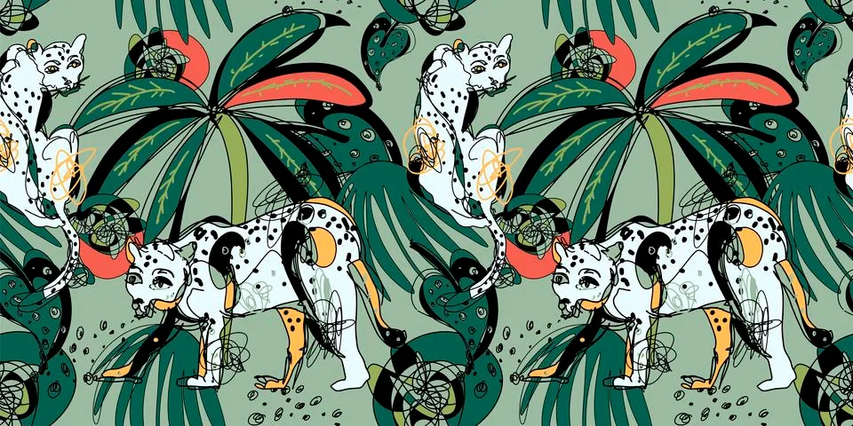 Seamless pattern with leopards and tropical leaves Illustrazione stock