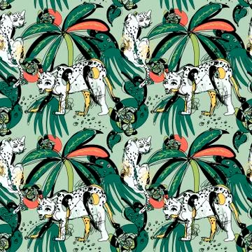 Seamless pattern with leopards and tropical leaves Illustrazione stock