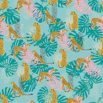 Seamless pattern with leopards and tropical leaves. Illustrazione stock
