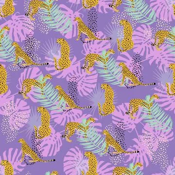 Seamless pattern with leopards and tropical leaves. 스톡 일러스트