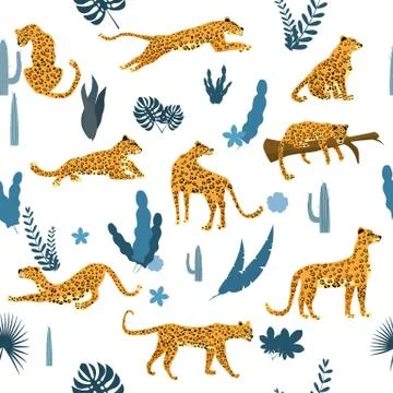 Seamless pattern with leopards in different poses with tropical leaves, plants Stock Illustration