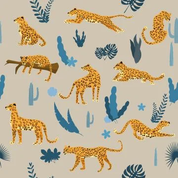 Seamless pattern with leopards in different poses with tropical leaves, plants Illustrazione stock