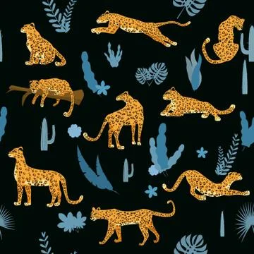 Seamless pattern with leopards in different poses with tropical leaves, plants Stock Illustration