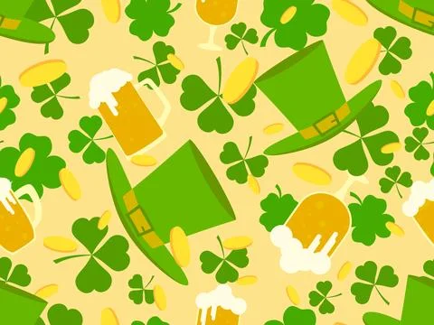 Seamless pattern with leprechaun hat, green clover leaves, glasses of beer .. Stock Illustration