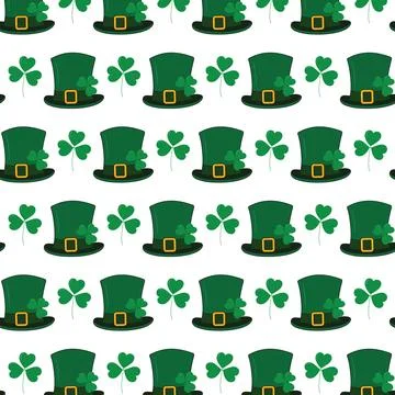 Seamless pattern of Leprechaun hats with ribbon buckle and shamrocks. St Stock Illustration