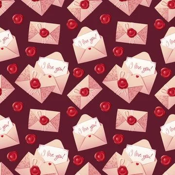 Seamless pattern with a letter in an envelope with a wax seal. Love letter fo Stock Illustration