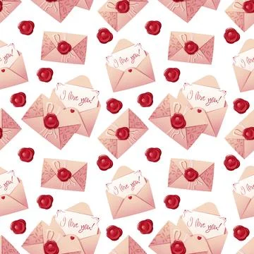 Seamless pattern with a letter in an envelope with a wax seal. Love letter .. Stock Illustration