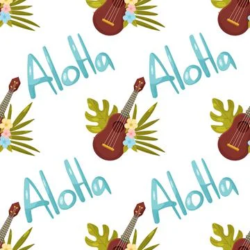Seamless pattern with lettering Aloha and Ukulele Stock Illustration